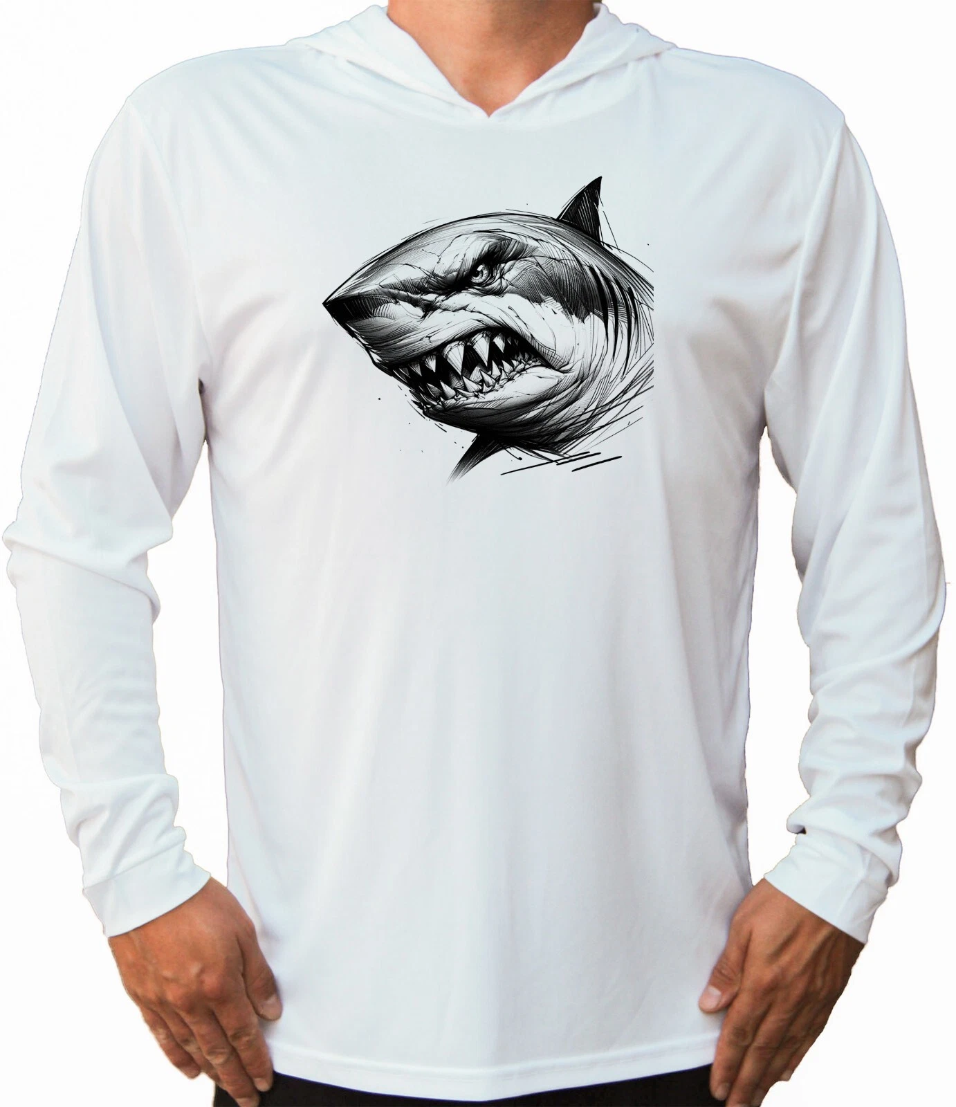 Angry Shark Fisherman Protected UPF 50 Long Sleeve T-Shirt Hood Boat Fishing
