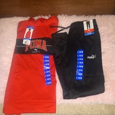 PUMA Boys Red Hoodie Black Pants Set Size L 14/16 Long Sleeve Crew Neck