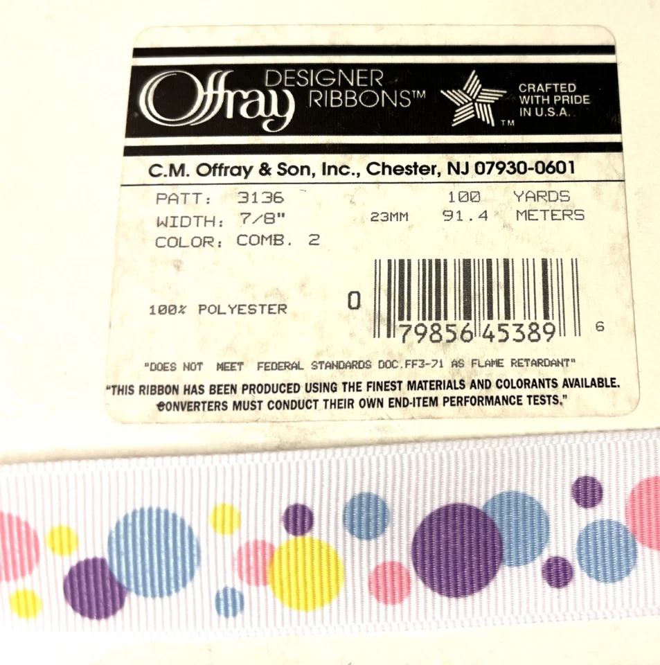 Offray Grosgrain Ribbon 7/8" White with Polka Dots Purple Pink Blue 20 yards - Image 2 of 2