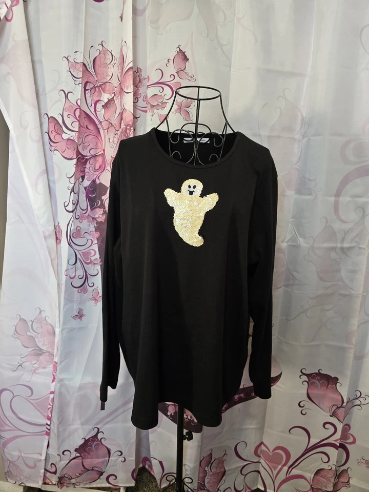 Vintage Mercer Street Studio 1X Black Long Sleeve Shirt White Sequin Ghost - Image 4 of 4