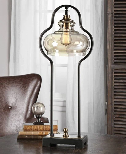 Industrial Table Lamp 28 1/2" Tall Aged Black Iron Amber Glass Living Room House - Picture 3 of 3