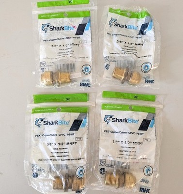 SHARKBITE 3/8'' PTC X 1/2'' MNPT BRASS MALE ADAPTER, #U118LFA, LOT OF 4