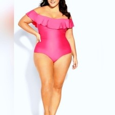 City Chic Swimsuit NEW Plus 16 1X Pink Ruffle Off-Shoulder 1 Piece Swim Suit