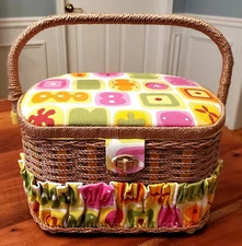 Wicker Sewing Basket Abstract Groovy Geometric Shapes