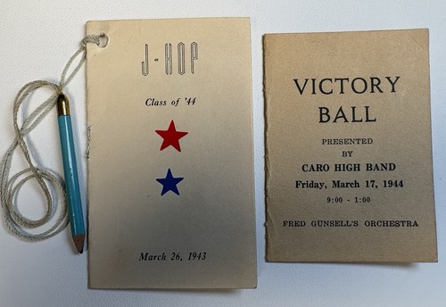 WWII Era 1943 J-HOP Dance Card w Bullet Pencil + 1944 Victory Ball Dance Card