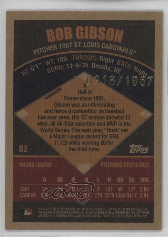 2002 Topps Super Teams Retrofractor 316/1967 Bob Gibson #82 HOF - Image 2 of 3