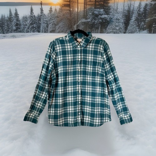 J Crew Plaid Flannel Shirt Womens XL Button Up Collared Jade Green Cotton Soft - Picture 1 of 10