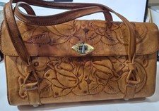VINTAGE Leather Tooled Purse Handmade FLORAL ROSE W/Double Handles