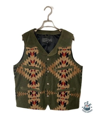 curphey Native American pattern cowhide leather vest Size: 42 Olive Men
