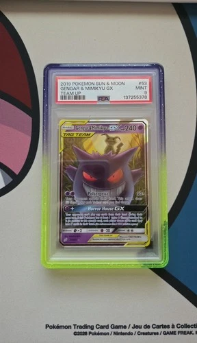 2019 POKEMON SUN & MOON TEAM UP #53 GENGAR & MIMIKYU GX PSA 9