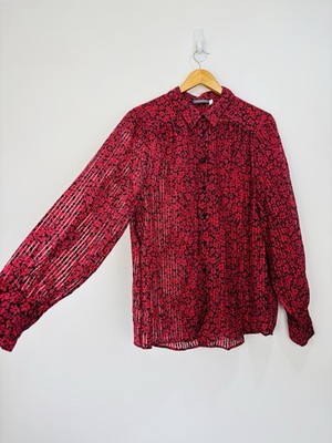 Neuwertige Samtbluse Damen Gr. XL rot schwarz Blumen Streifen transparent geknöpft Kragen
