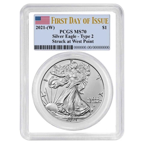 2021 (W) $1 Type 2 American Silver Eagle PCGS MS70 FDOI Flag Label White Frame
