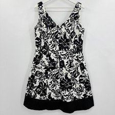 Chaps Floral Fit and Flare Dress Womens 16 Black White V-Neck Sleeveless