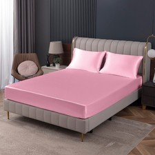 Homiest Pink Satin Fitted Sheet King Size, Deep Pocket, Luxury Ultra Soft B...