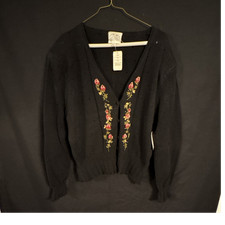 Vintage Susan Bristol Black Floral Knit V-Neck Cardigan Sweater Cotton Women L