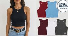 Ladies Ribbed Crop Top Tank Vest Slim Fit Sleeveless Cotton Round Neck Blouse