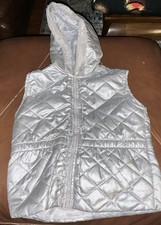 H M Girls Size 8X Silver Metallic Hooded Quilted Puffer Vest Full Zip