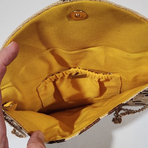Kayu Talum Straw Envelope Clutch Leopard Shoulder Bag Beige Brown Chain Strap - Picture 3 of 9