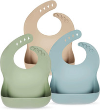 3 Pack Silicone Baby Bibs Soft Adjustable with Pocket Food Catcher Blue