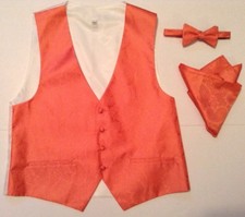Mens Coral Paisley Dress Vest Bow tie Pocket Square Formal Prom Size S NWOT