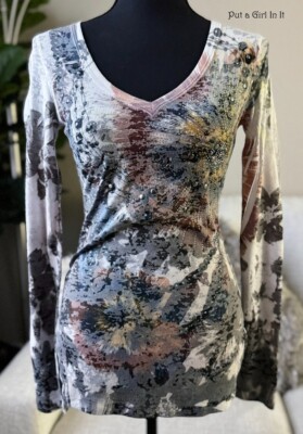 USA New VOCAL Womens CRYSTAL STUDDED STUD SUBLIMATION STARBURST SHIRT S Small
