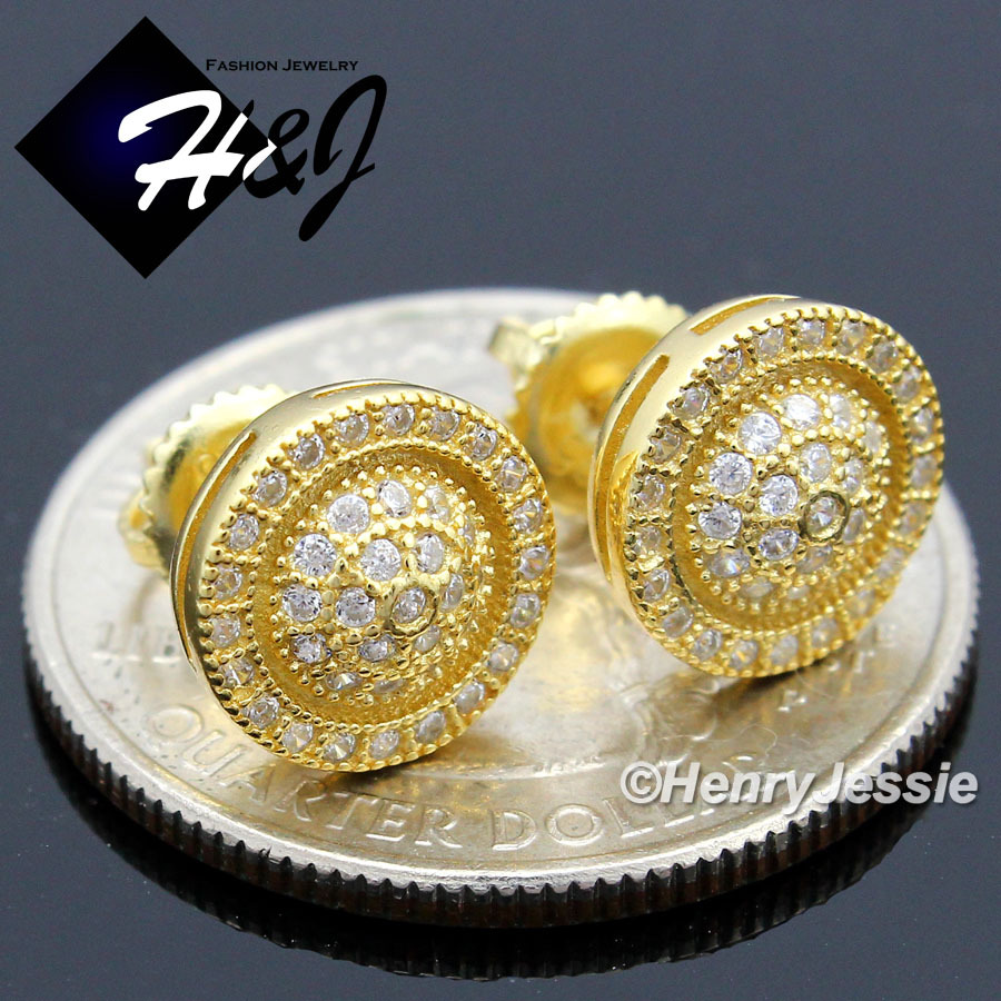 MEN WOMEN 925 STERLING SILVER ICY CZ GOLD PLATED 9MM 3D