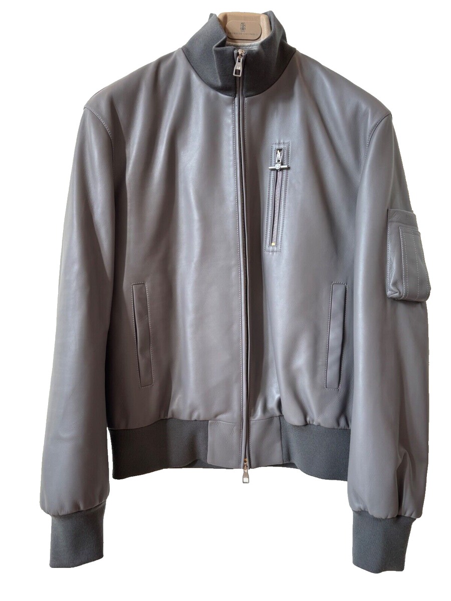 DUNHILL MENS SOFT CALF LEATHER GRAY BOMBER SIZE LARGE- RETAIL