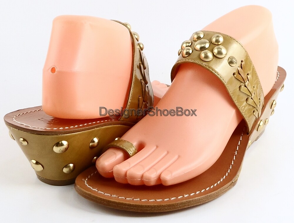 MARCIANO CALLISTA Gold Brown Leather Studded O-ring Designer Wedge Slides 10