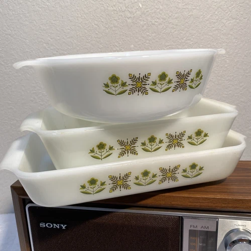 VTG Set 3 Anchor Hocking  Fire King 432 437 441 Casserole Dishes - Green Meadow