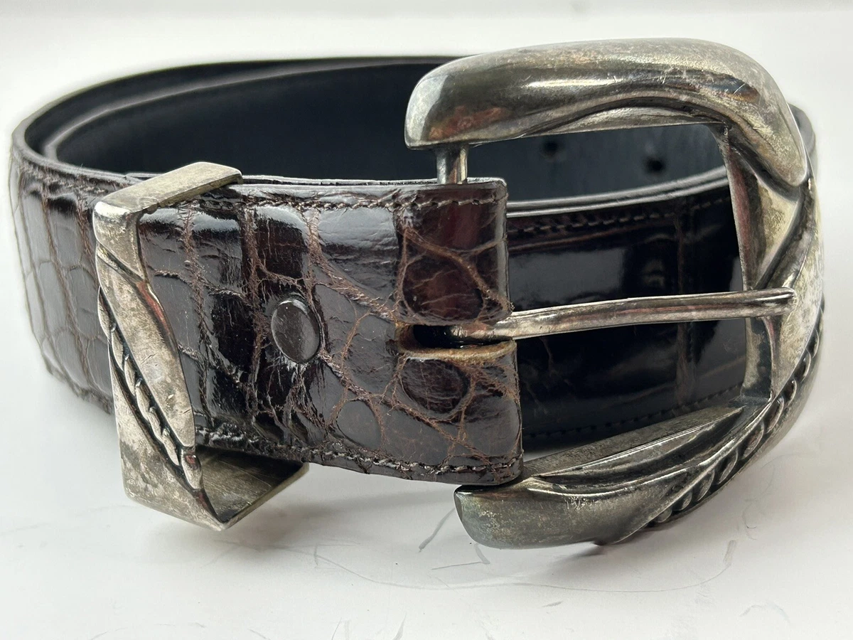 Vtg Leather Statement Belt Faux Alligator -
Chunky Silver Buckle Genuine Crocodile Reliquary Belt A genuine crocodile leather  main image 4