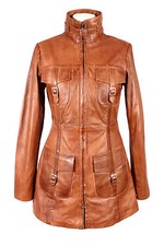 Ladies Venice Tan Waxed Knee Length Lambskin Leather Long Jacket Coat