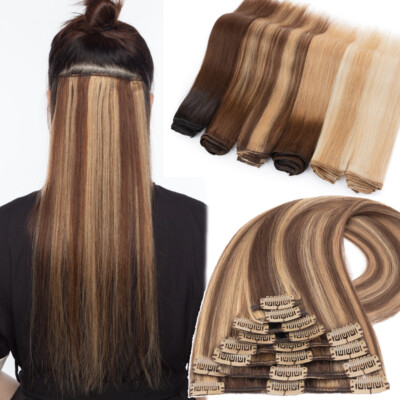 AAA Clip In 100% Real Human Hair Extensions Full Head 8 Pieces Weft Blonde Brown