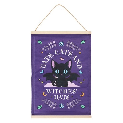Fledermäuse, Katzen und Hexen Hüte Stoff Wandbehang lila Deko Witchy Goth süß