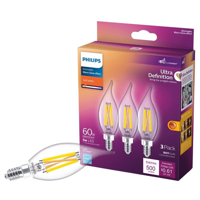 Philips 547967 Soft White 5.5W B11 E12 Base 500 lm. 120V Decorative LED Bulb