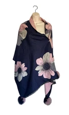 La Fiorentina  Floral Wrap Cozy Real Fur Pom Pom Trim Reversible Wear Blue/pink