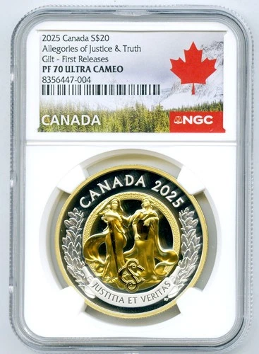 2025 $20 CANADA 1OZ SILVER GILT NGC PF70 UCAM ALLEGORIES OF JUSTICE & TRUTH - FR