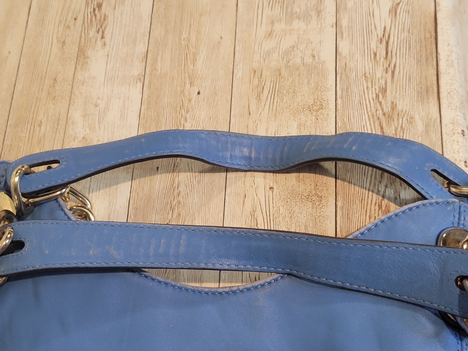 Michael Kors Leather Blue Lillie Tote Double Chain Handle Shoulder Bag Purse thumbnail 10