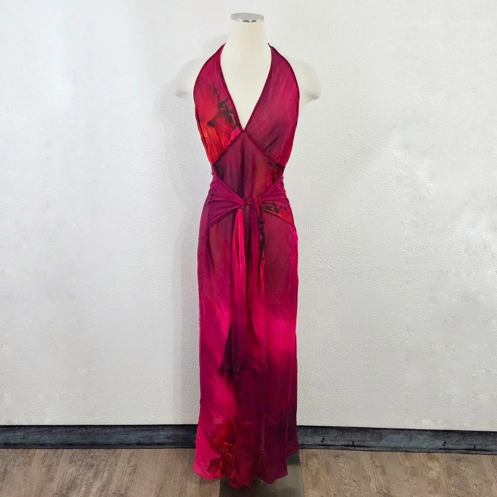 strapless open back dress Hot Pink Ruffle Maxi Dress