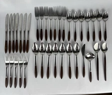 Ekco Eterna Silverware Wood Handle 37 Pc Flatware Forged Stainless Japan MCM