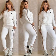Women's Tracksuit Set Zip-Up Jacket Pants Black White Hooded Elastic Waist