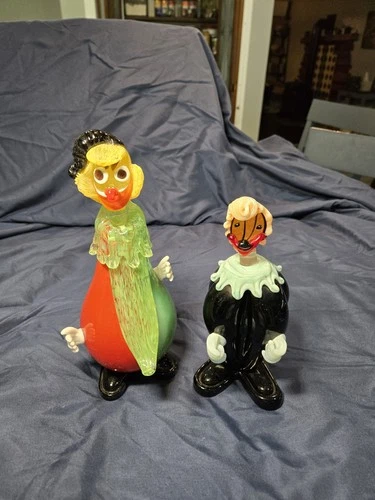 Murano Hand Blown Art Glass Multicolor Clown Figurines Decorative Venice
