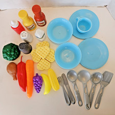 Step 2 Pretend Play Kitchen Replacement Blue Plates Bowls Utensils Food 30 pc