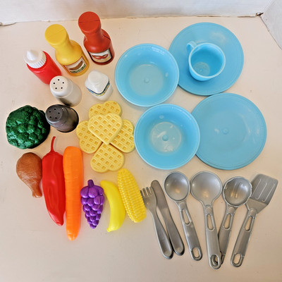 Step 2 Pretend Play Kitchen Replacement Blue Plates Bowls Utensils Food 30 pc