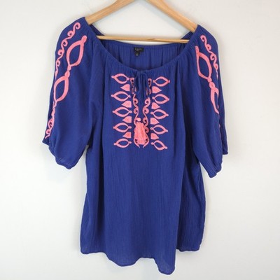 Talbots Women's Crinkle Gauze Embroidered Top Tassels Boho Blue Pink Size 1X 