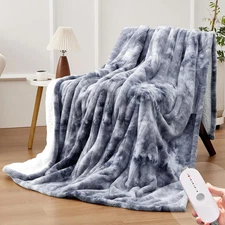 Electric Heated Throw Blanket 50x60 Faux Fur 5 Heat Levels Auto-Off, Grey