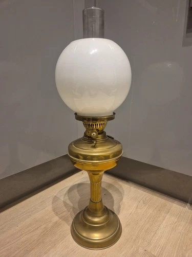 Antique Oil Lamp Brass With Milk Glass Shade 21" Vgc