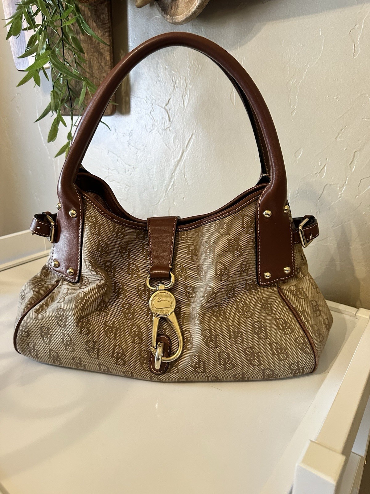 Vintage Dooney & Bourke Belvedere Brown Monogram Leather & Canvas tote purse bag