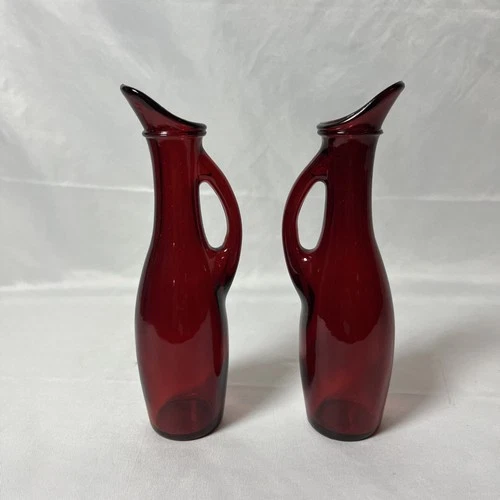 Vintage 1940s Anchor Hocking Royal Ruby Red Glass Pitcher Cruet 7.75" Cadmium