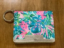Lilly Pulitzer Snap Wallet Pink Blue ID Case Gold Tone Keychain Card Holder