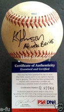 KELLY JOHNSON Signed Game Used Baseball 01 Atlanta Braves PSA/DNA Certified Auto